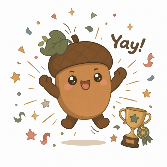 ZERA acorn mascot — Celebrating